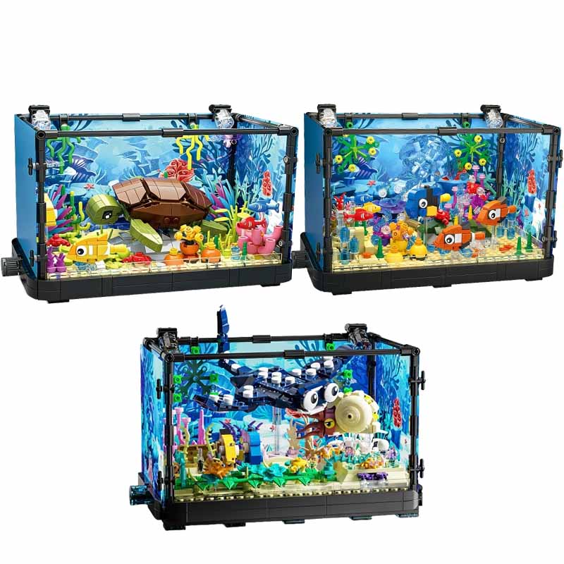 Aquarium Fish Guppy - Aquarium-Baustein-Set mit Licht, Aquarium, Meeresschildkröte, Baustein-Spielzeug